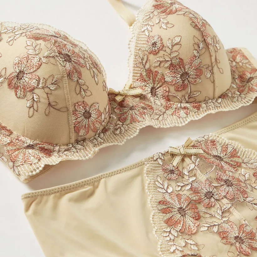 French Stylish Womens Embroidered Demi Bra and Briefs Set